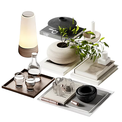 Elegant Decorative Ornament Set With Table Lamp Green Plant Textured Vase Books Trays And Glassware 3d model