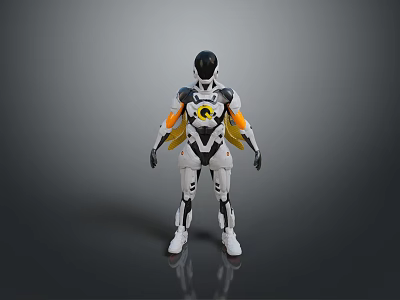 Futuristic Robot Game Movie Character With White Black Orange Armor And Yellow Chest Emblem 3d model