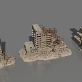 Collapsed Building Structures With Damaged High Rises Exposed Frames And Debris 3d model