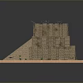 Ancient Ziggurat Landscape With Stepped Structure On Desert Sand Surrounded By Camels And Small Plants
