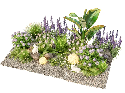 Lush Flower Garden with Purple Blooms Green Leaves White Rabbit Decor and Gravel Ground 3d model