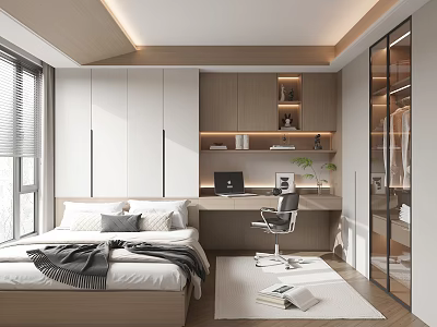 Modern Tatami Bedroom Interior With Wooden Wardrobes Desk Chair Laptop Bookshelf And Window 3d model