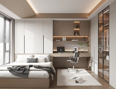 Modern Tatami Bedroom Interior With Wooden Wardrobes Desk Chair Laptop Bookshelf And Window 3d model