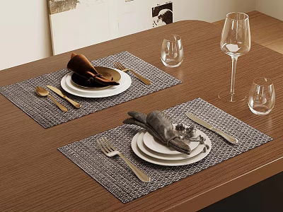Wooden Dining Table Setting With Gray Placemats White Plates Cutlery And Glassware 3d model