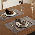 Wooden Dining Table Setting With Gray Placemats White Plates Cutlery And Glassware