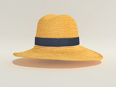 Stylish Yellow Straw Hat With Dark Blue Band For Summer Fashion Look 3d model