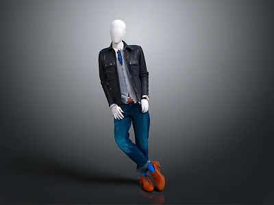 White Mannequin Wearing Black Leather Jacket Gray Shirt Blue Jeans And Orange Shoes 3d model