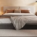 Hotel Guest Room With Wooden Ceiling Beige Walls And Bed With Gray Blanket