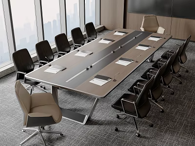 Modern Conference Table With Documents In Meeting Room Large Windows City View And Chairs 3d model