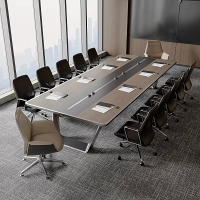 Modern Conference Table With Documents In Meeting Room Large Windows City View And Chairs 3d model