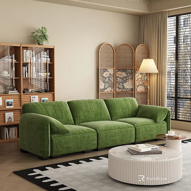 Green Velvet Three Seater Sofa In Contemporary Living Room With Wooden Bookshelf And Rattan Screen 3d model 
