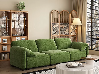 Green Velvet Three Seater Sofa In Contemporary Living Room With Wooden Bookshelf And Rattan Screen 3d model