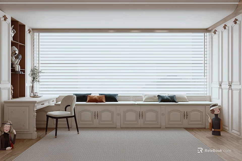 Cozy Bay Window Interior Design With White Blinds Seat Cushions And Desk Chair 3d model 