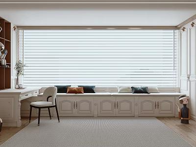 Cozy Bay Window Interior Design With White Blinds Seat Cushions And Desk Chair 3d model