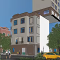 Three Story Gray Detached Villa Exterior With Balconies Windows Trees Pedestrians And Yellow Car
