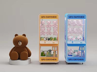 Yellow And Blue UFO Catcher Amusement Machines With Stuffed Toys And Brown Teddy Bear 3d model