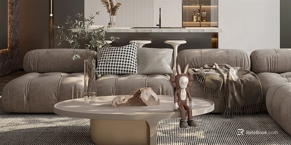 Modern Living Room Interior Design With Gray Sofa Checkered Pillows Green Plants And Stuffed Toy 3d model 