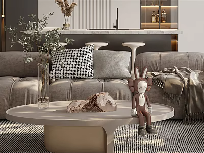 Modern Living Room Interior Design With Gray Sofa Checkered Pillows Green Plants And Stuffed Toy 3d model