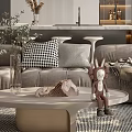 Modern Living Room Interior Design With Gray Sofa Checkered Pillows Green Plants And Stuffed Toy