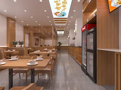 Modern Restaurant Interior With Wooden Dining Tables Chairs Lighting And Beverage Fridge 3d model