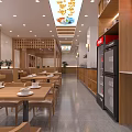 Modern Restaurant Interior With Wooden Dining Tables Chairs Lighting And Beverage Fridge
