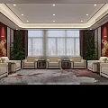 Chinese Style Hotel Public Lounge Area With Red Walls Golden Decorations And Beige Sofas