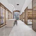 Modern Showroom Interior Design With Wooden Shelves Display Cabinets And Sofa