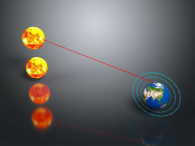 Red Lines Connect Three Suns To Earth With Blue Circular Rings 3d model