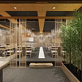 Modern Hotpot Restaurant Exterior Design With Wooden Glass Facade Entrance Lighting And Bamboo Plants