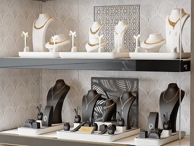 Luxury Jewelry Showcase With Gold Necklaces Earrings Rings On Elegant Shelves And Patterned Walls 3d model