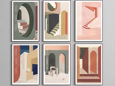 Abstract Arch Staircase Wall Art Prints with Pastel Hues for Modern Home Decor 3d model