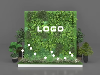 Green Plant Wall Photo Spot With LOGO Potted Plants And Decorative Lighting 3d model
