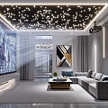Modern Home Theater Interior Design With Large Screen Projector Starry Ceiling Lights And Gray Sofa 3d model