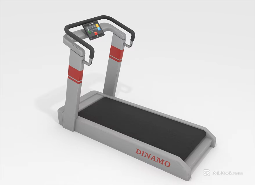 Gray Dynamo Treadmill With Black Handles Red Accents And Control Panel As Sports Equipment 3d model 