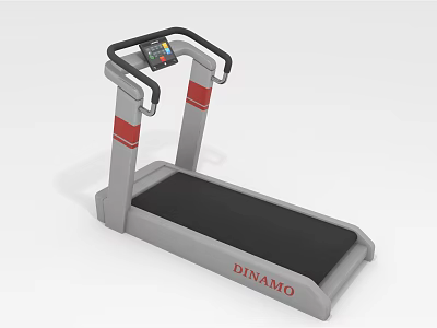 Gray Dynamo Treadmill With Black Handles Red Accents And Control Panel As Sports Equipment 3d model