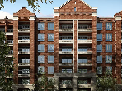 Red Brick Apartment Building With Multiple Balconies And Surrounding Trees 3d model