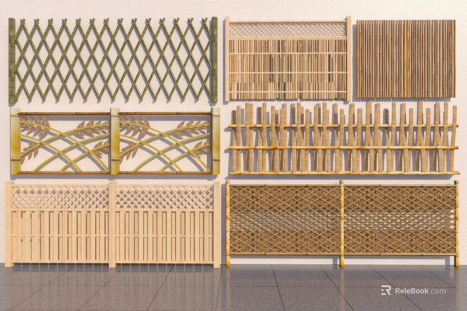 Various Wooden Fence Designs With Woven Patterns And Decorative Styles 3d model