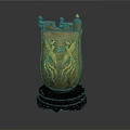 Ancient Decorative Shield Weapon With Golden Winged Creature Design And Black Wooden Base
