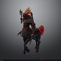 Mythical Centaur Like Creature With Red Black Armor Flaming Mane And Tail Holding Weapon