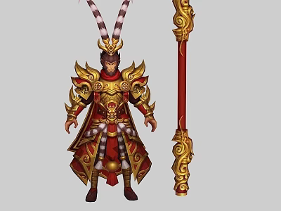 Mythical Monkey Game Movie Character In Golden Red Armor With Decorative Helmet Holding Long Staff 3d model