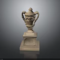 Ornate Carved Stone Vase With Decorative Handles On Two Tiered Square Pedestal Base