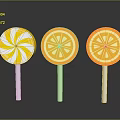 Colorful Lollipops With Spiral And Orange Slice Patterns On Gray Background 3d model