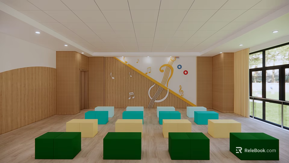 Kindergarten Activity Room With Wooden Walls Musical Notes Harp Pattern And Colorful Square Cushions 3d model 