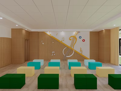 Kindergarten Activity Room With Wooden Walls Musical Notes Harp Pattern And Colorful Square Cushions 3d model