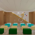 Kindergarten Activity Room With Wooden Walls Musical Notes Harp Pattern And Colorful Square Cushions