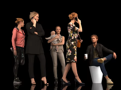 Diverse people in casual formal attire holding phone baby standing sitting various poses 3d model