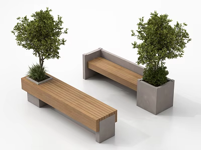 Wooden Surface Landscape Seats With Concrete Base And Plant Planters 3d model
