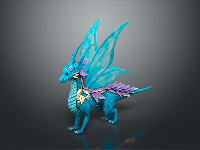 Mythical Blue Dragon Fantasy Game Character With Detailed Wings Purple Gold Accents 3d model