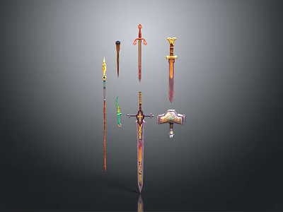 Diverse Collection of Decorative Swords and Bladed Weapons with Ornate Handles and Designs 3d model
