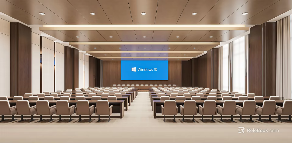 Modern Conference Room With Large Windows 11 Screen Arranged Chairs And Wooden Walls 3d model 